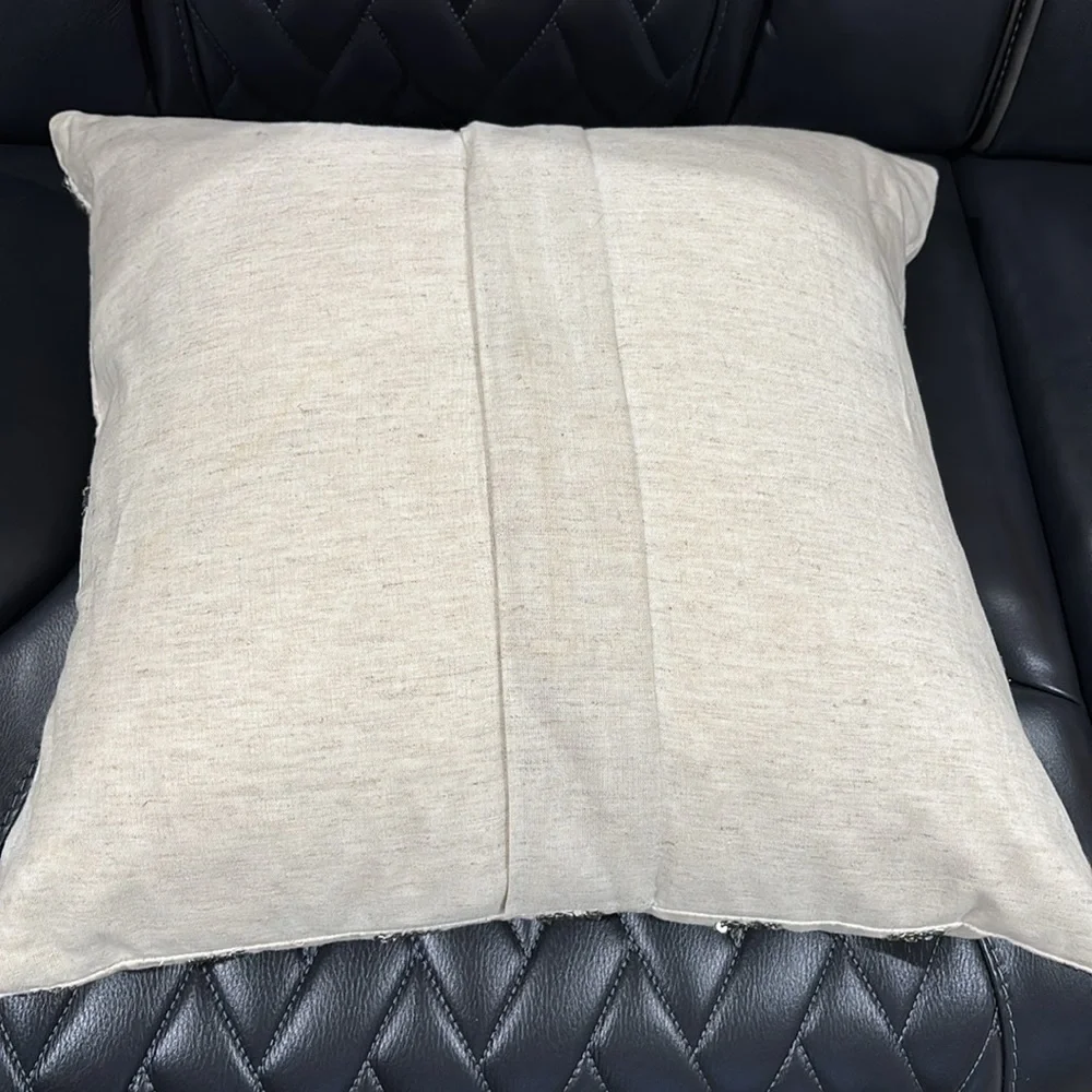 Pottery Barn Cream & Silver Pewter Beaded Sequins Geometric Tile Pillow